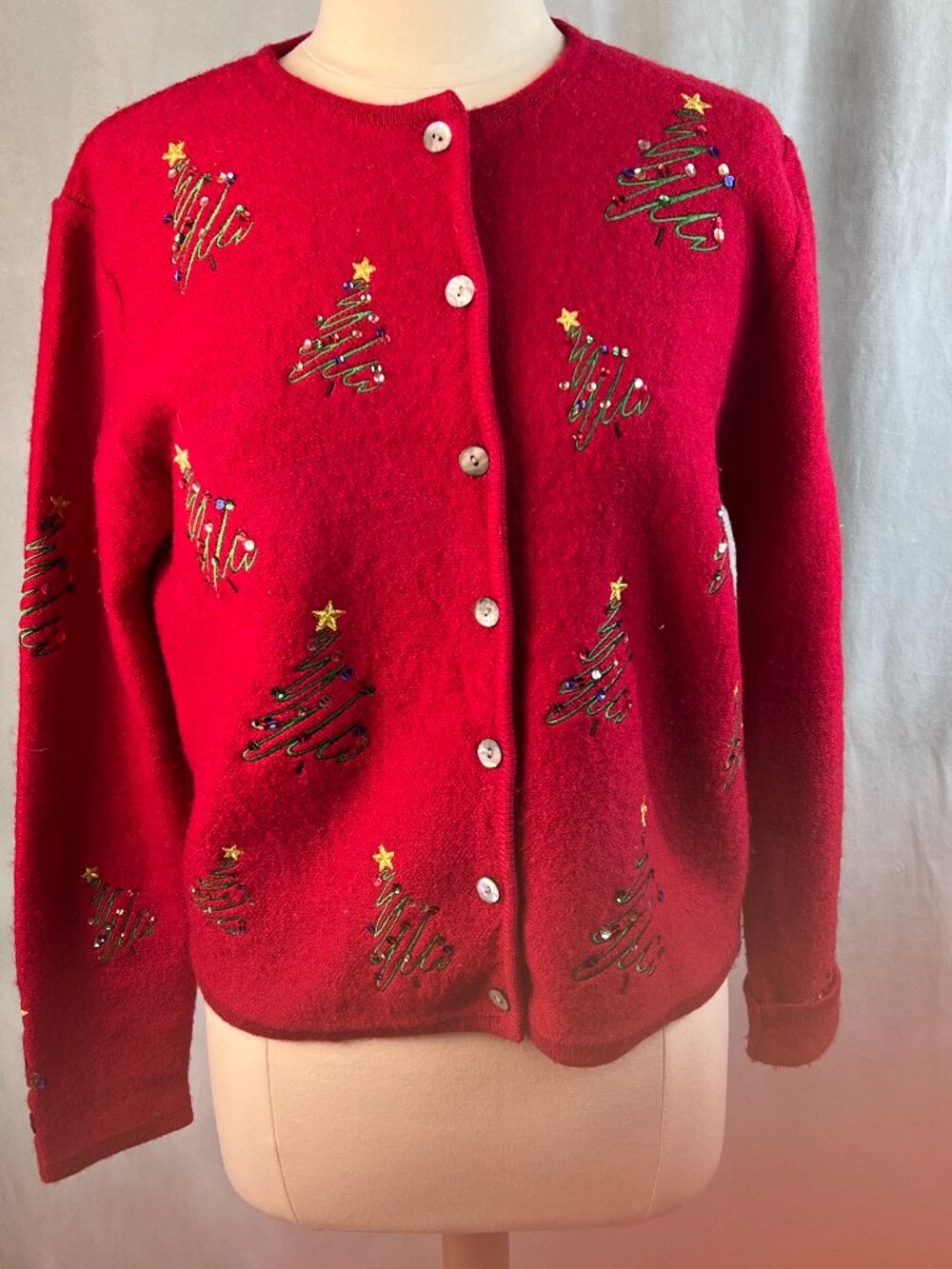 Karen Scott 100% Wool Red Christmas Sweater Embroidery Sequins Trees size M